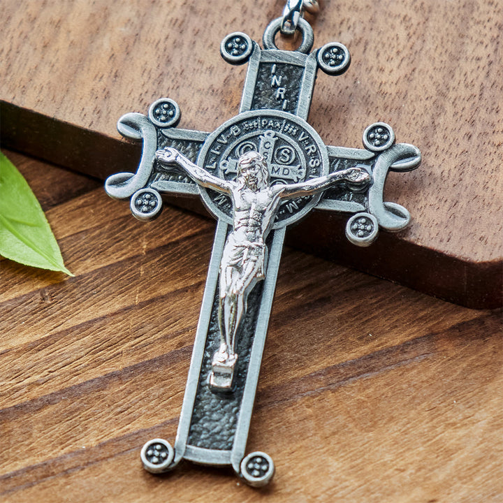 Christianartworkshop Crucifix vert antique et argent antique avec porte-clés Saint Benoît - image 3