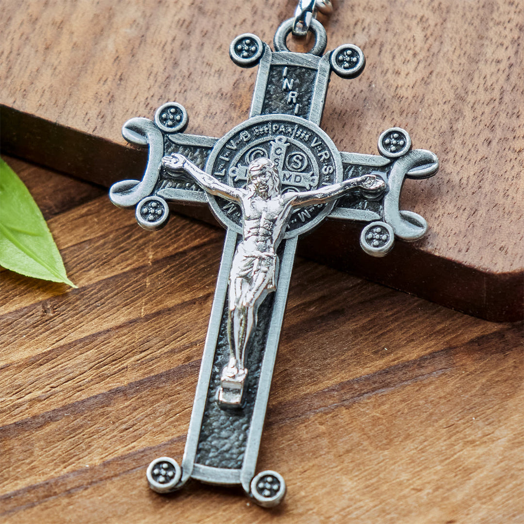 Christianartworkshop Crucifix vert antique et argent antique avec porte-clés Saint Benoît - image 3