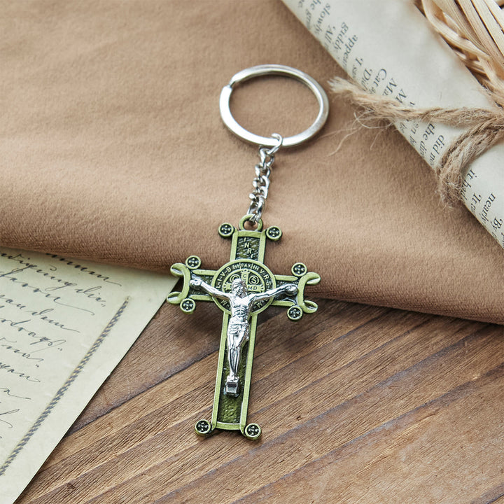 Christianartworkshop Crucifix vert antique et argent antique avec porte-clés Saint Benoît - image 6