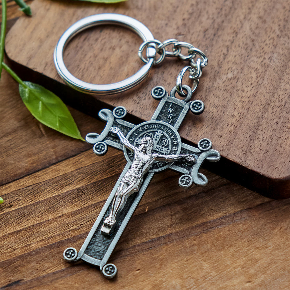 Christianartworkshop Crucifix vert antique et argent antique avec porte-clés Saint Benoît - Argent antique - image 1