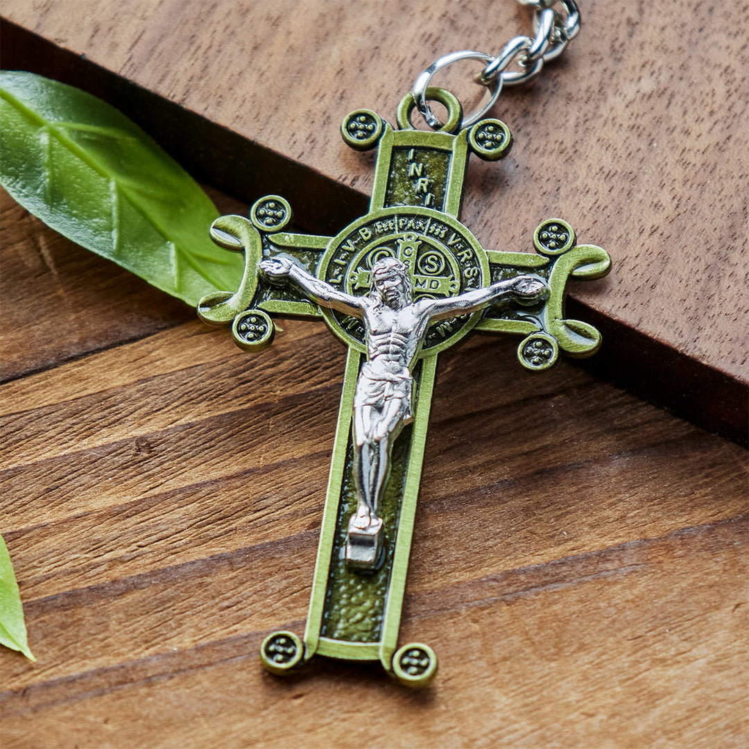 Christianartworkshop Crucifix vert antique et argent antique avec porte-clés Saint Benoît - image 2