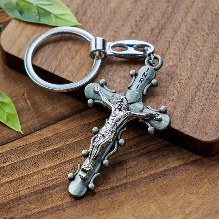 Christianartworkshop Porte-clés crucifix en étain doré et antique avec bordure perlée - Argent antique - image 0
