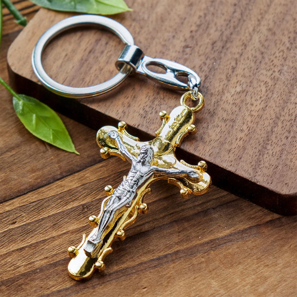 Christianartworkshop Porte-clés crucifix en étain doré et antique avec bordure perlée - Doré - image 1
