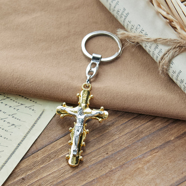 Christianartworkshop Porte-clés crucifix en étain doré et antique avec bordure perlée - image 7