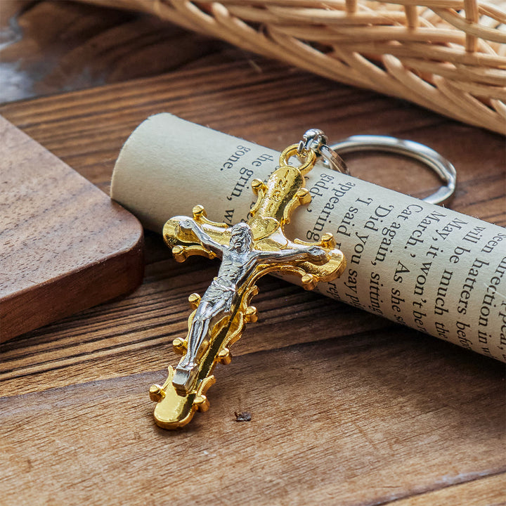Christianartworkshop Porte-clés crucifix en étain doré et antique avec bordure perlée - image 3