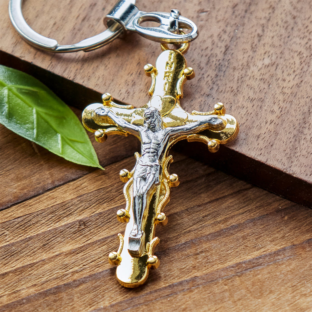 Christianartworkshop Porte-clés crucifix en étain doré et antique avec bordure perlée - image 5