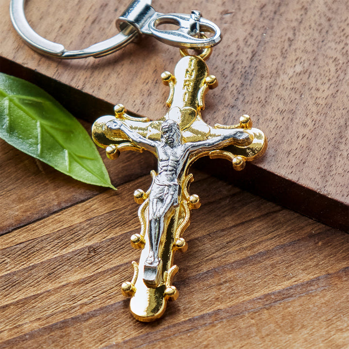 Christianartworkshop Porte-clés crucifix en étain doré et antique avec bordure perlée - image 5