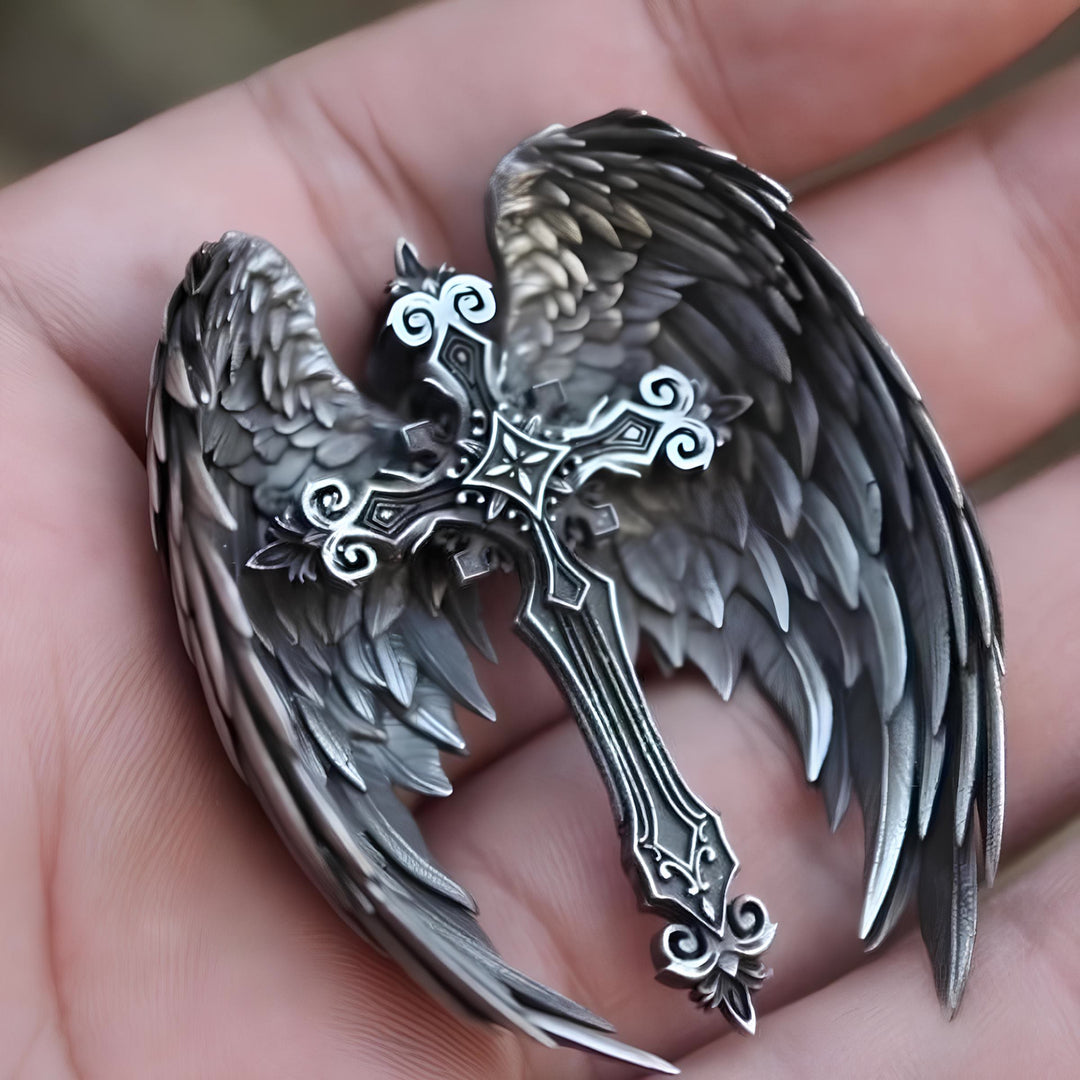 Christianartworkshop Collier pendentif croix ailes d'ange gardien : bijou de protection spirituelle - image 0