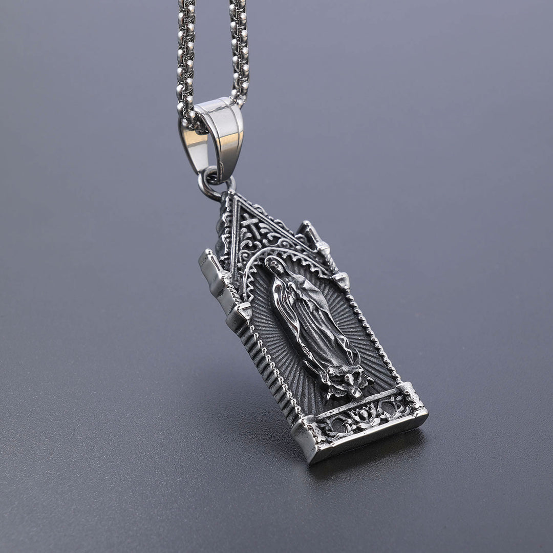 Christianartworkshop Collier antique en argent de la Vierge Marie dans un cadre de style cathédrale gothique - image 2
