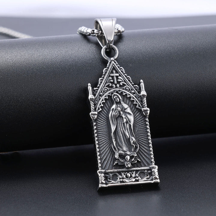 Christianartworkshop Collier antique en argent de la Vierge Marie dans un cadre de style cathédrale gothique - Acier inoxydable - image 0