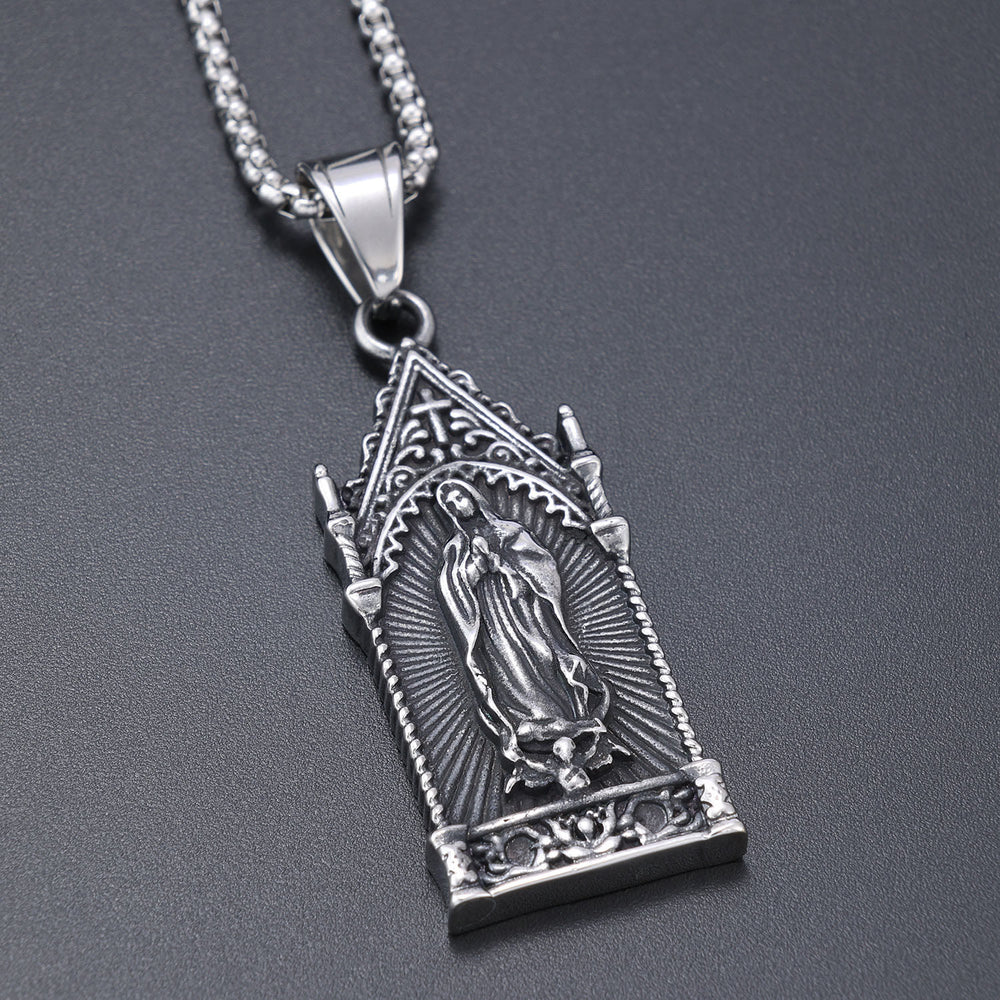 Christianartworkshop Collier antique en argent de la Vierge Marie dans un cadre de style cathédrale gothique - image 1