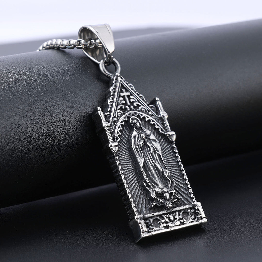 Christianartworkshop Collier antique en argent de la Vierge Marie dans un cadre de style cathédrale gothique - image 3