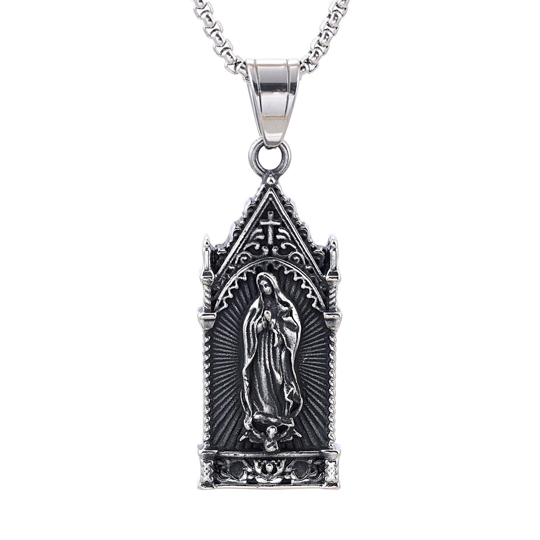 Christianartworkshop Collier antique en argent de la Vierge Marie dans un cadre de style cathédrale gothique - image 4