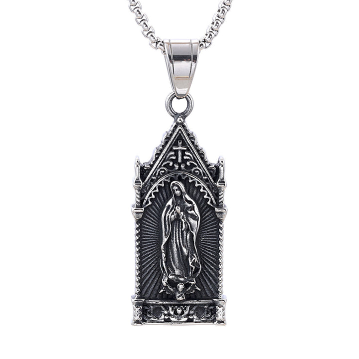 Christianartworkshop Collier antique en argent de la Vierge Marie dans un cadre de style cathédrale gothique - image 4