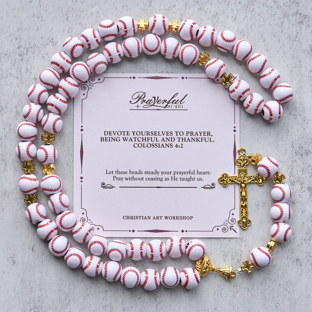Christianartworkshop FOI PRIÉE : Chapelet de perles miniatures bénies en forme de balles de baseball, avec calice et crucifix dorés - FOI PRIÉE - image 0