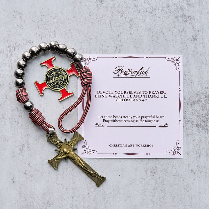 Christianartworkshop FOI PRIÉE : Chapelet de poche portable en paracorde avec crucifix et saint Benoît - FOI PRIÉE - image 0