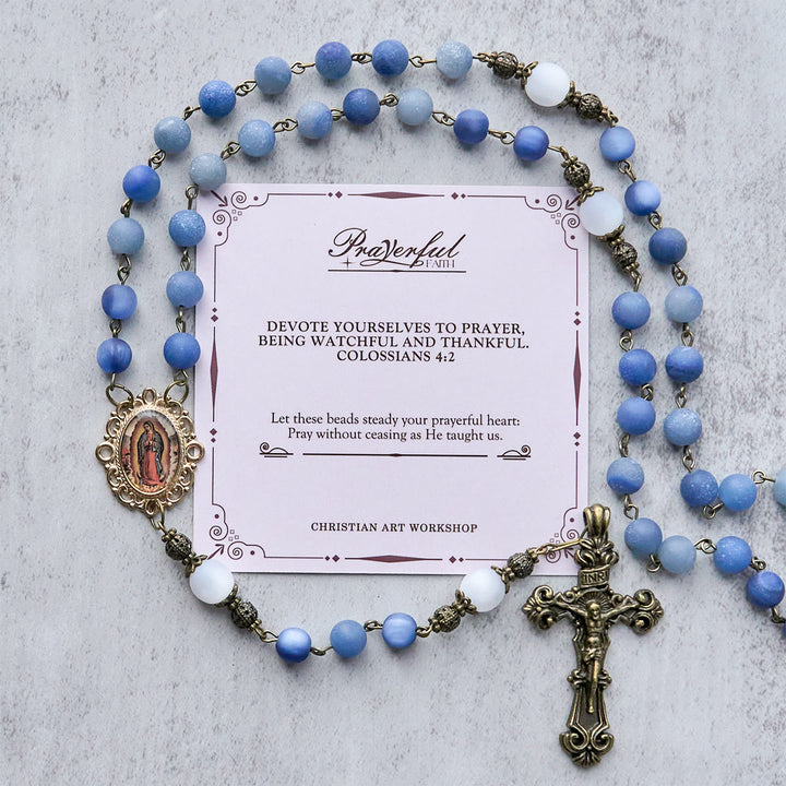 Christianartworkshop FOI PRIÉE : Chapelet fait main avec des perles d'aventurine bleue naturelle - FOI PRIÉE - image 0