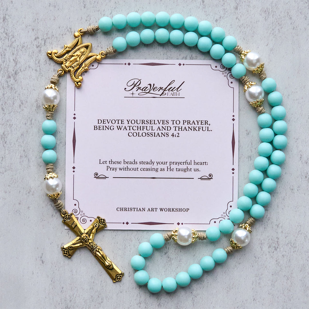 Christianartworkshop FOI PRIÉE : Perles et perle vert menthe faites à la main avec médaille miraculeuse - FOI PRIÉE - image 0
