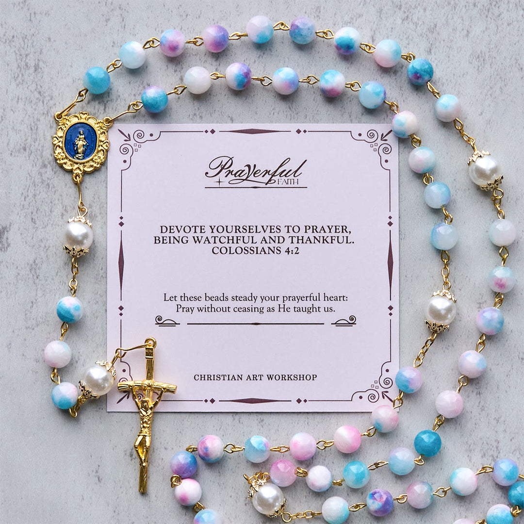 Christianartworkshop FOI PRIÉE : Chapelet floral fait main « Grâce Céleste » de 8 mm, bleu et violet - FOI PRIÉE - image 0