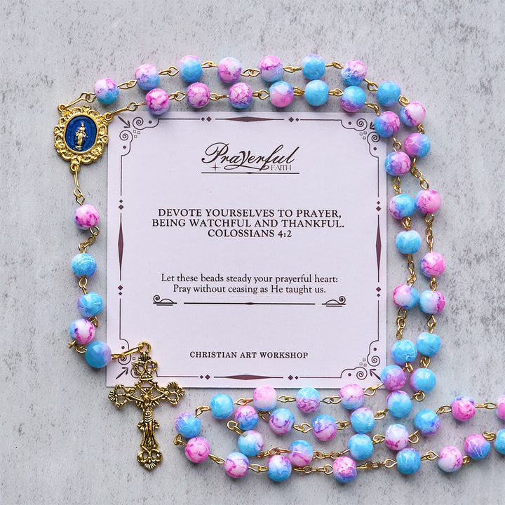 Christianartworkshop FOI PRIÉE : Chapelet floral fait main Divine Harmony de 8 mm bleu et violet - FOI PRIÉE - image 0