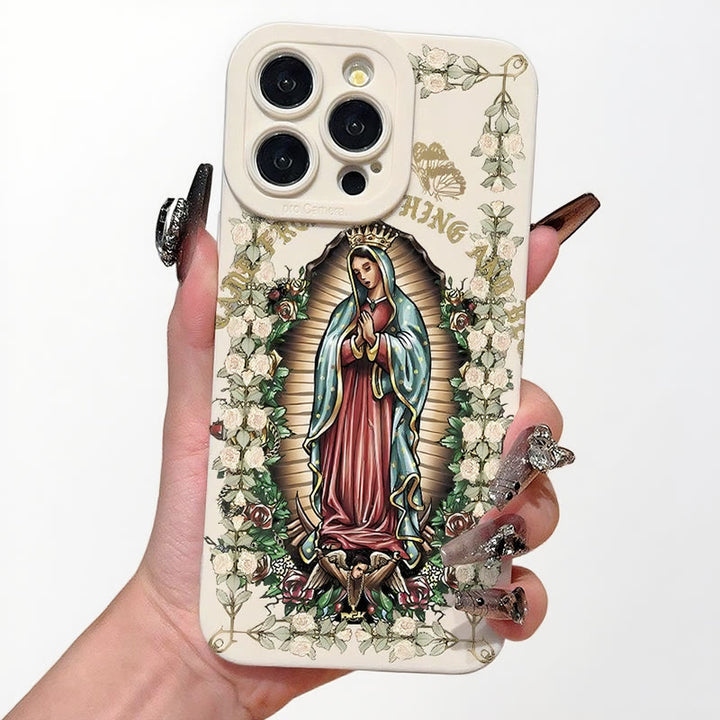 Christianartworkshop Coque de téléphone spirituelle Vierge Marie entourée de roses blanches - Blanc (style cadre-anneau) - iPhone 16 Pro Max - image 0