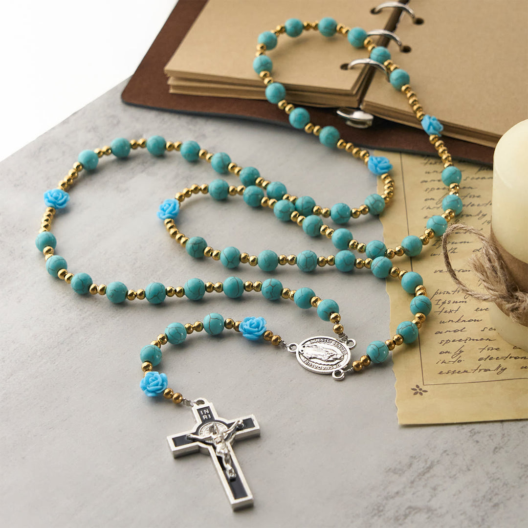 Christianartworkshop Chapelet élégant en roses rouges et bleues avec perles turquoise : béni par Notre-Dame et saint Benoît - image 13