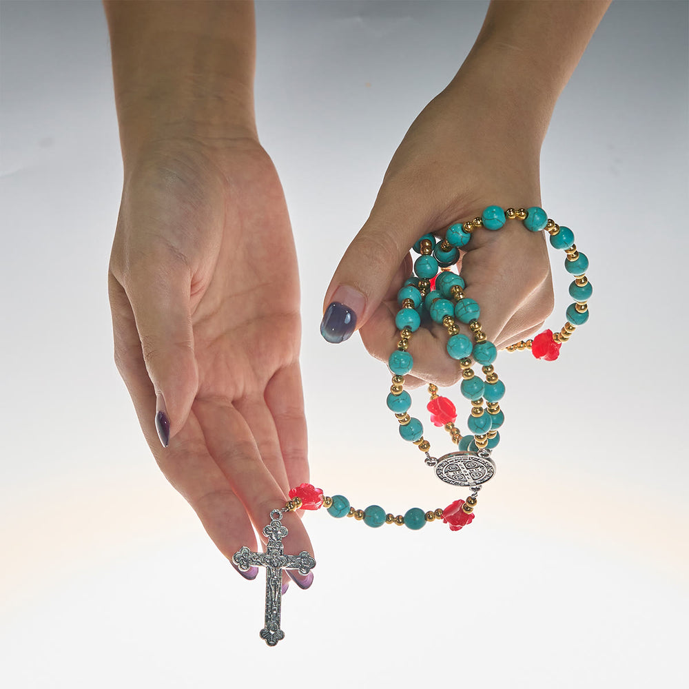 Christianartworkshop Chapelet élégant en roses rouges et bleues avec perles turquoise : béni par Notre-Dame et saint Benoît - image 1