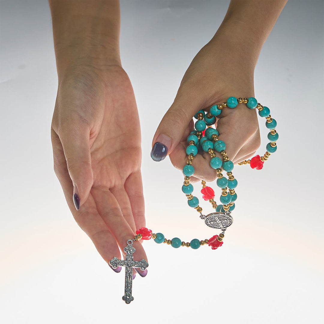 Christianartworkshop Chapelet élégant en roses rouges et bleues avec perles turquoise : béni par Notre-Dame et saint Benoît - image 1