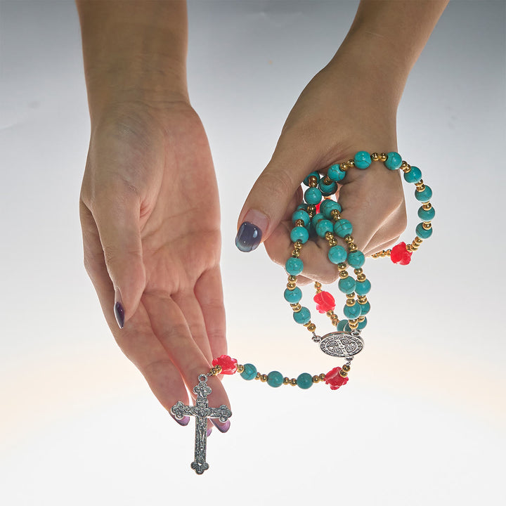 Christianartworkshop Chapelet élégant en roses rouges et bleues avec perles turquoise : béni par Notre-Dame et saint Benoît - image 1