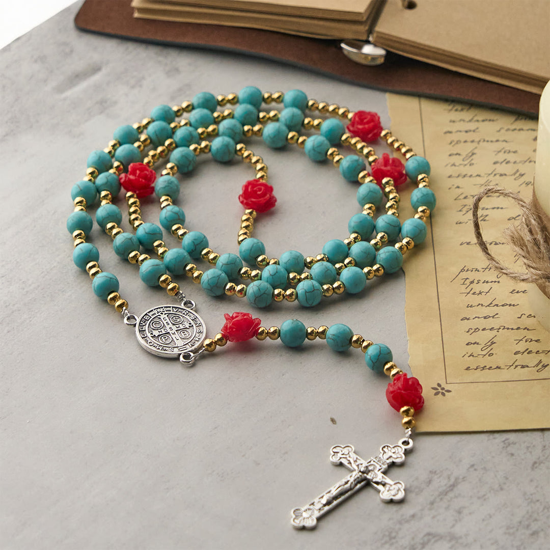 Christianartworkshop Chapelet élégant en roses rouges et bleues avec perles turquoise : béni par Notre-Dame et saint Benoît - image 3