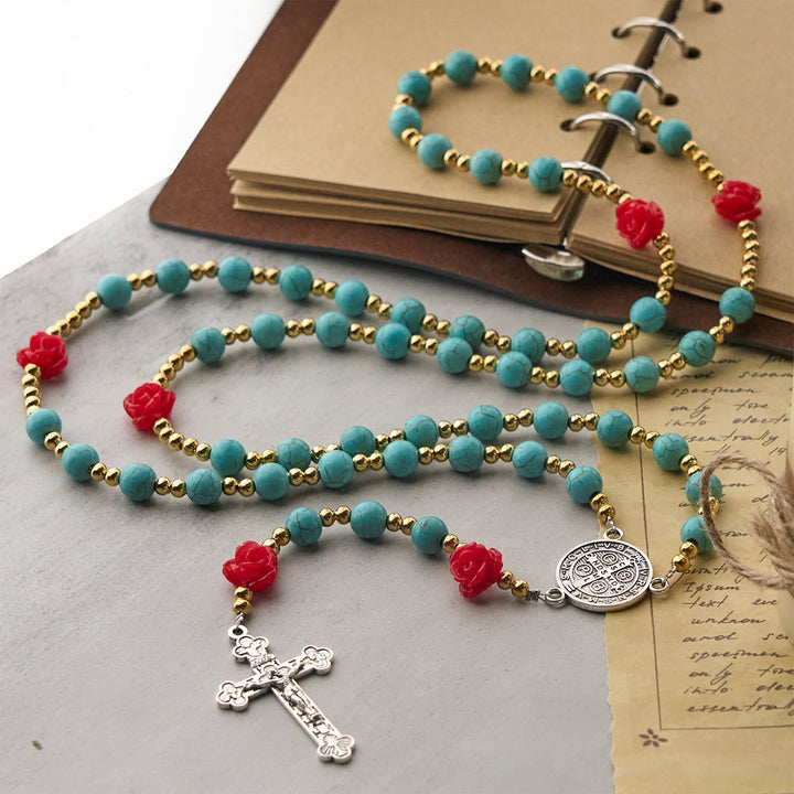 Christianartworkshop Chapelet élégant en roses rouges et bleues avec perles turquoise : béni par Notre-Dame et saint Benoît - image 4