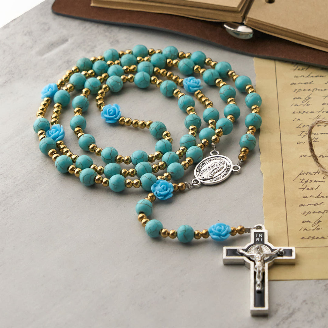 Christianartworkshop Chapelet élégant en roses rouges et bleues avec perles turquoise : béni par Notre-Dame et saint Benoît - image 14