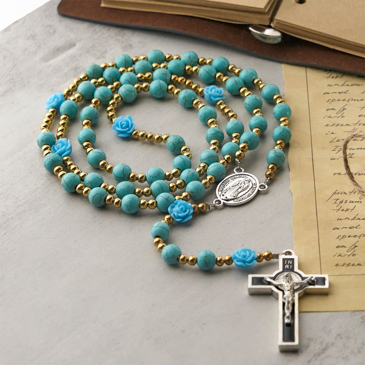 Christianartworkshop Chapelet élégant en roses rouges et bleues avec perles turquoise : béni par Notre-Dame et saint Benoît - image 14