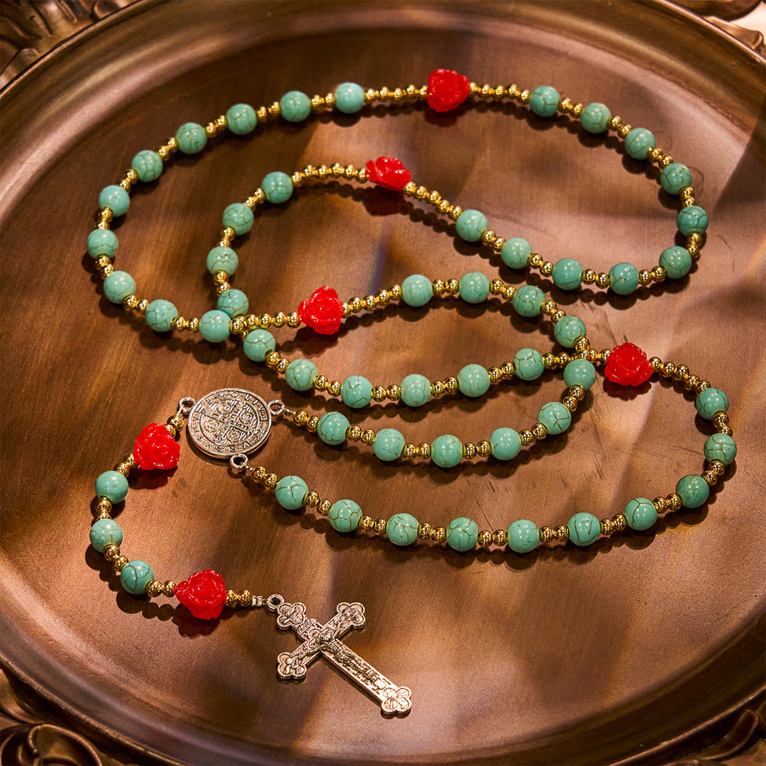 Christianartworkshop Chapelet élégant en roses rouges et bleues avec perles turquoise : béni par Notre-Dame et saint Benoît - image 5