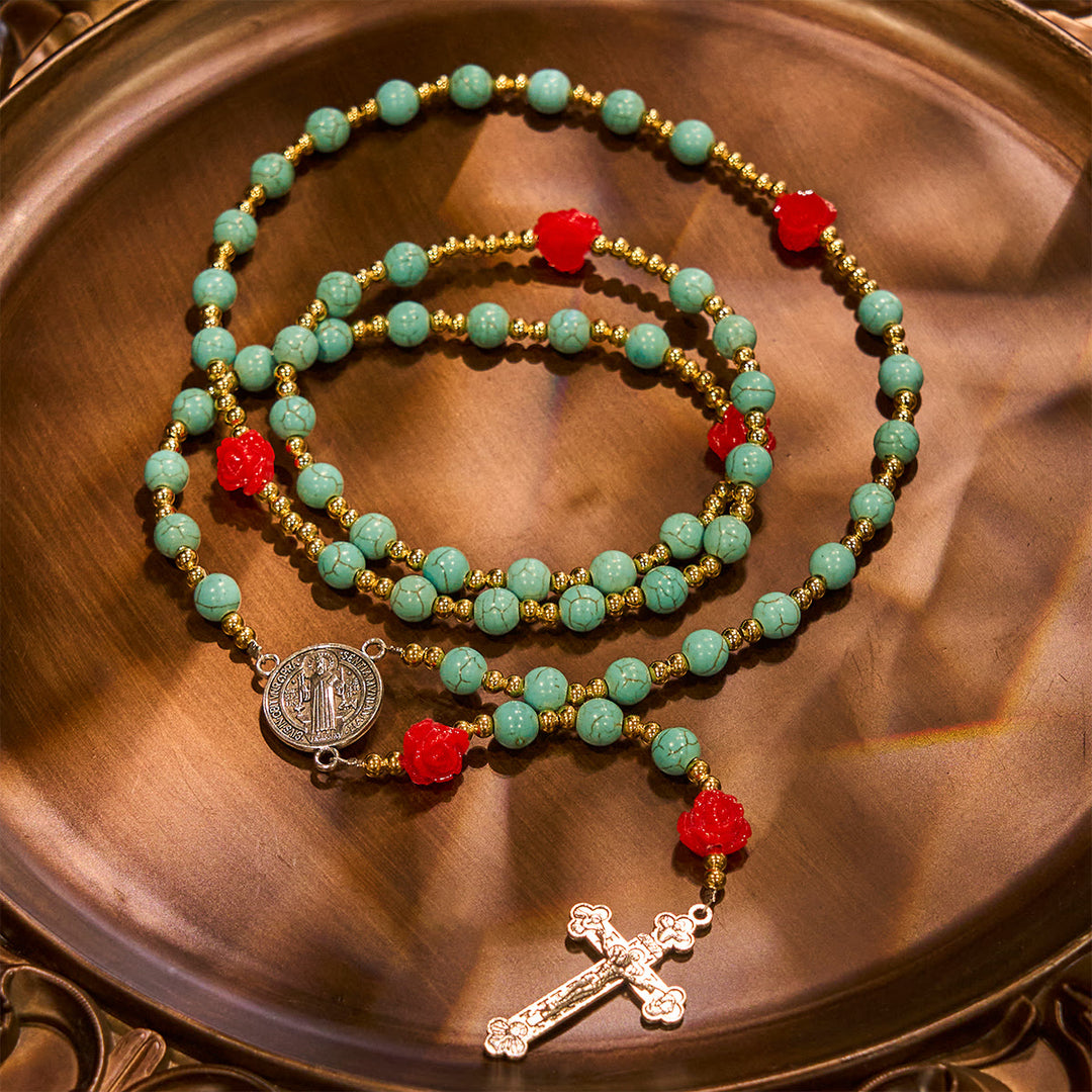 Christianartworkshop Chapelet élégant en roses rouges et bleues avec perles turquoise : béni par Notre-Dame et saint Benoît - image 6
