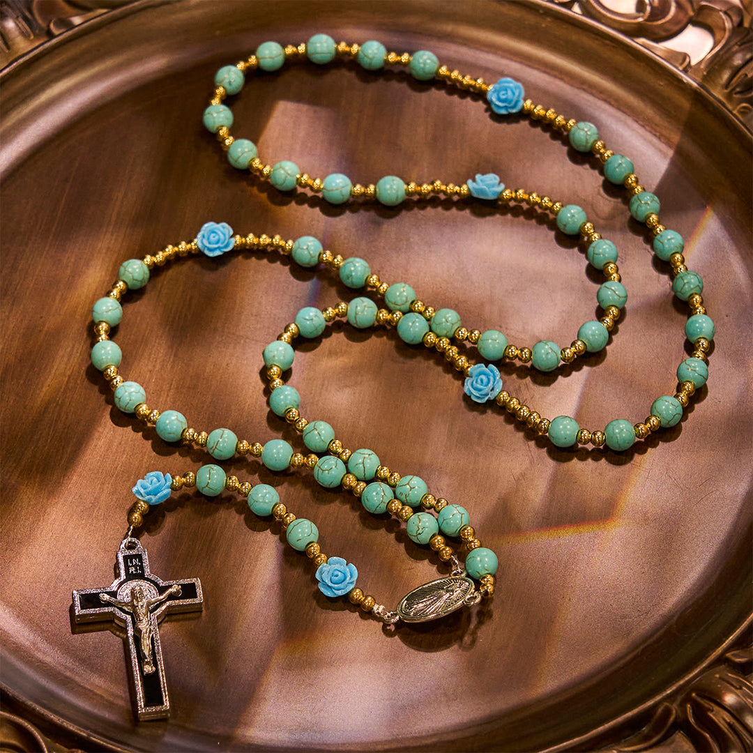 Christianartworkshop Chapelet élégant en roses rouges et bleues avec perles turquoise : béni par Notre-Dame et saint Benoît - image 15