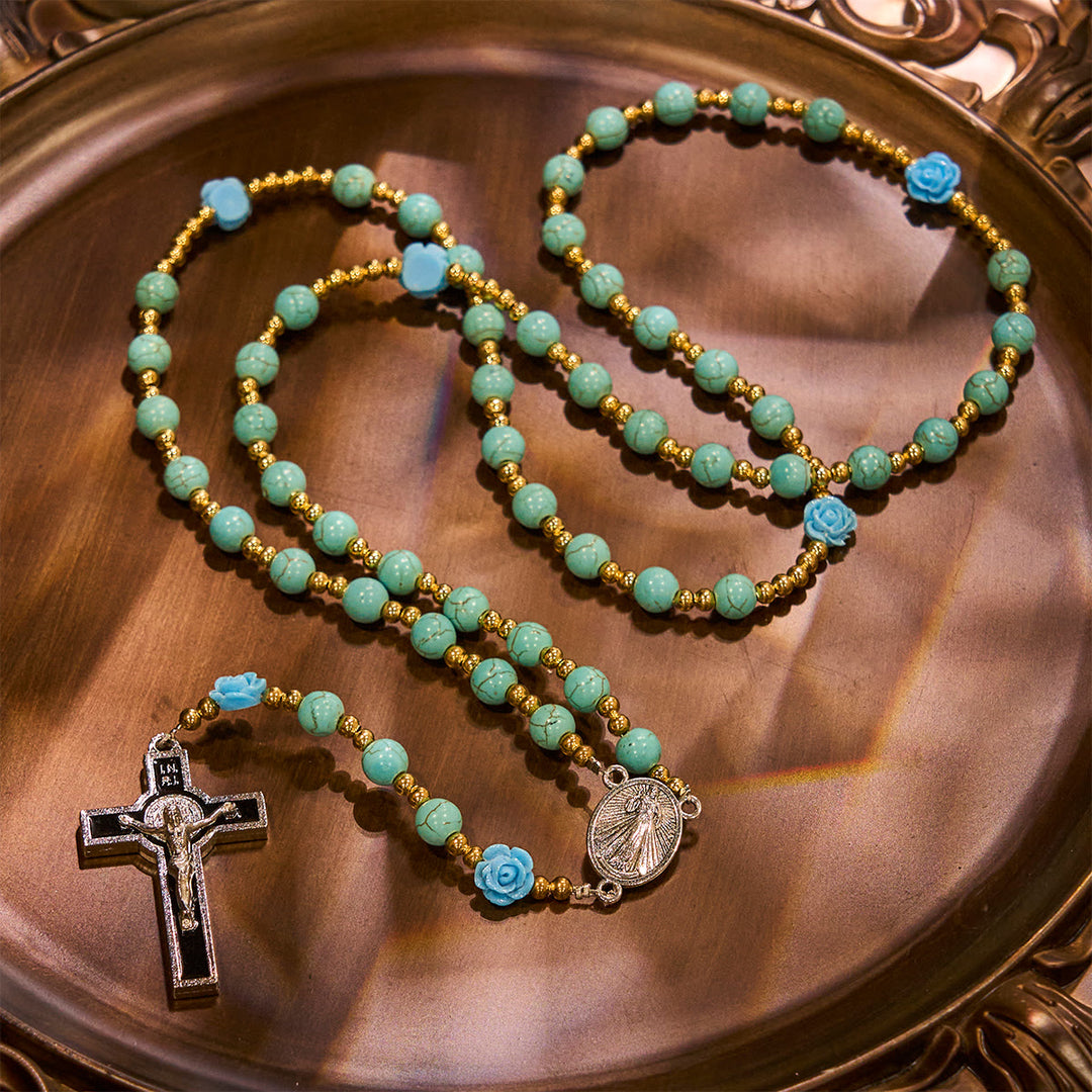 Christianartworkshop Chapelet élégant en roses rouges et bleues avec perles turquoise : béni par Notre-Dame et saint Benoît - image 16