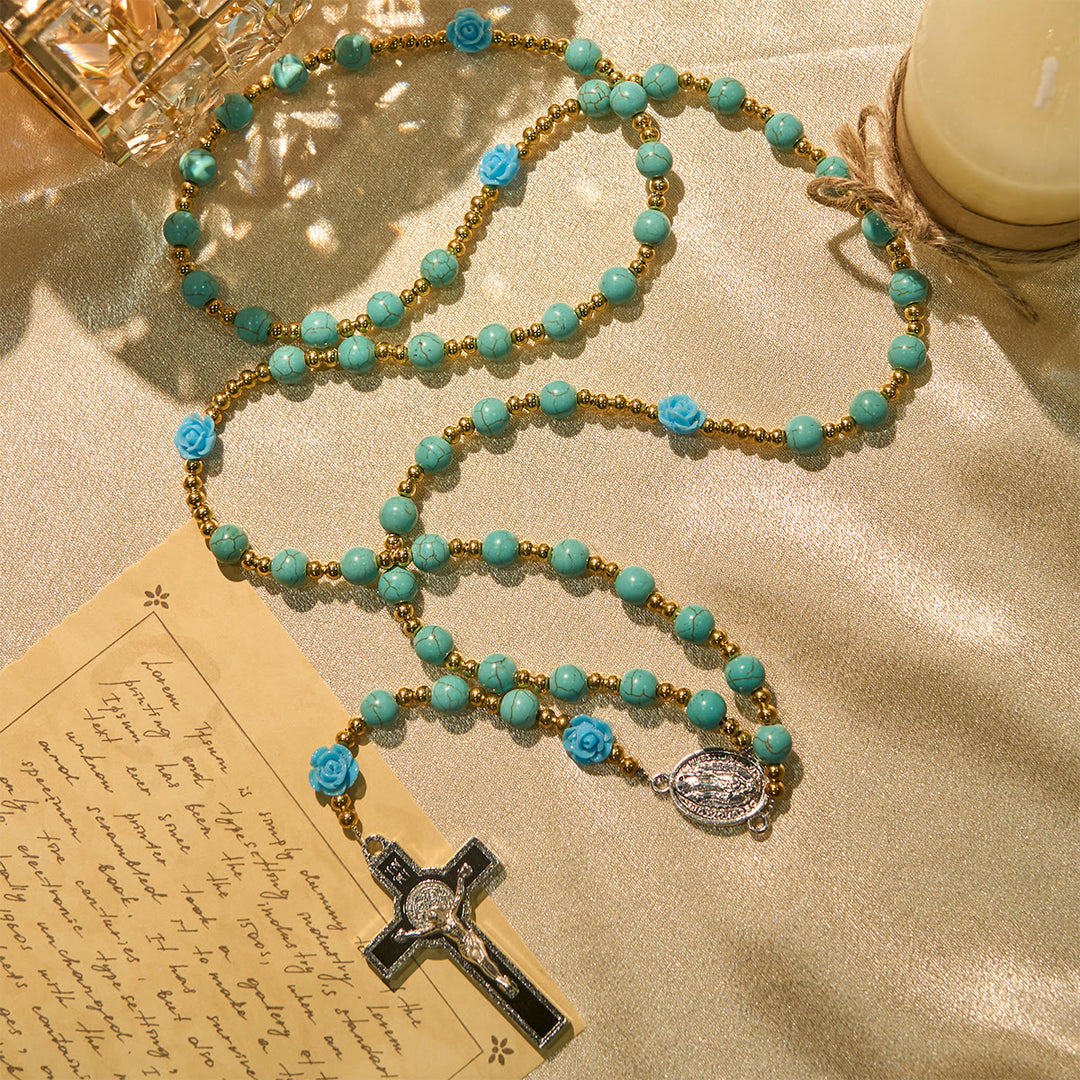 Christianartworkshop Chapelet élégant en roses rouges et bleues avec perles turquoise : béni par Notre-Dame et saint Benoît - image 12