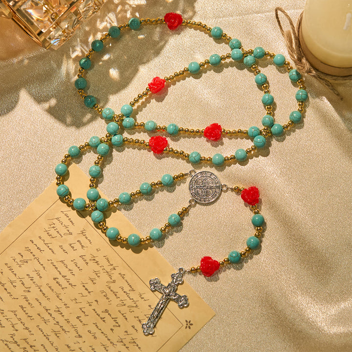 Christianartworkshop Chapelet élégant en roses rouges et bleues avec perles turquoise : béni par Notre-Dame et saint Benoît - image 2