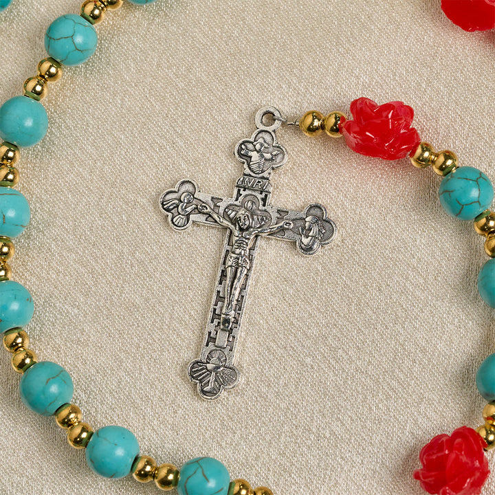 Christianartworkshop Chapelet élégant en roses rouges et bleues avec perles turquoise : béni par Notre-Dame et saint Benoît - image 8