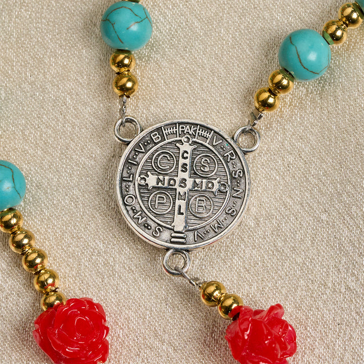 Christianartworkshop Chapelet élégant en roses rouges et bleues avec perles turquoise : béni par Notre-Dame et saint Benoît - image 7