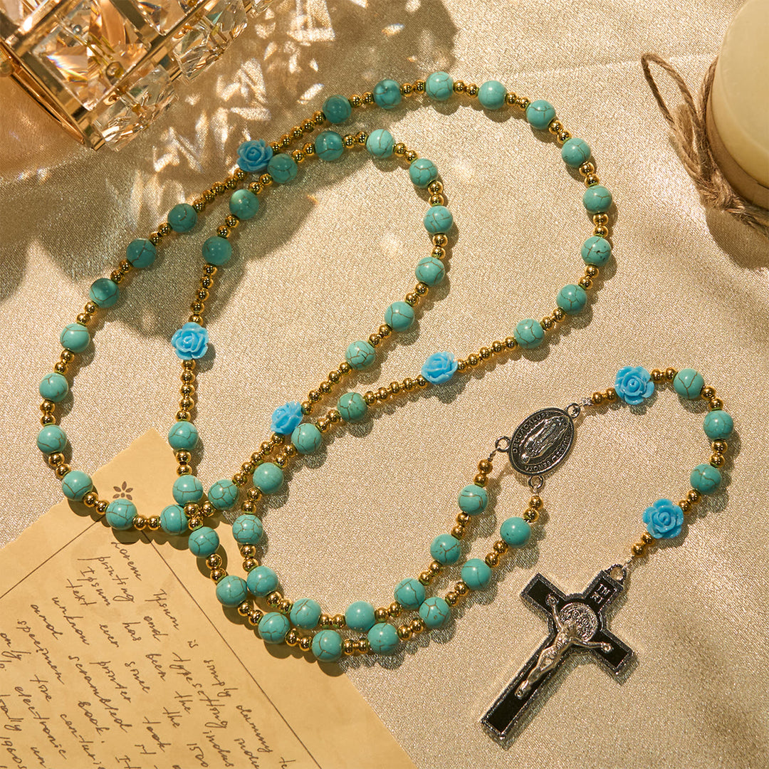 Christianartworkshop Chapelet élégant en roses rouges et bleues avec perles turquoise : béni par Notre-Dame et saint Benoît - Rose bleue - image 10
