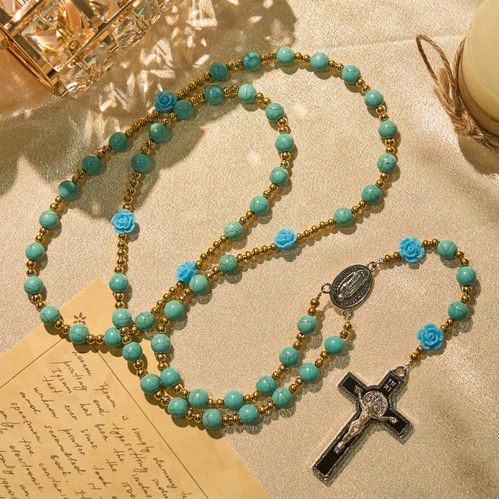 Christianartworkshop Chapelet élégant en roses rouges et bleues avec perles turquoise : béni par Notre-Dame et saint Benoît - Rose bleue - image 10