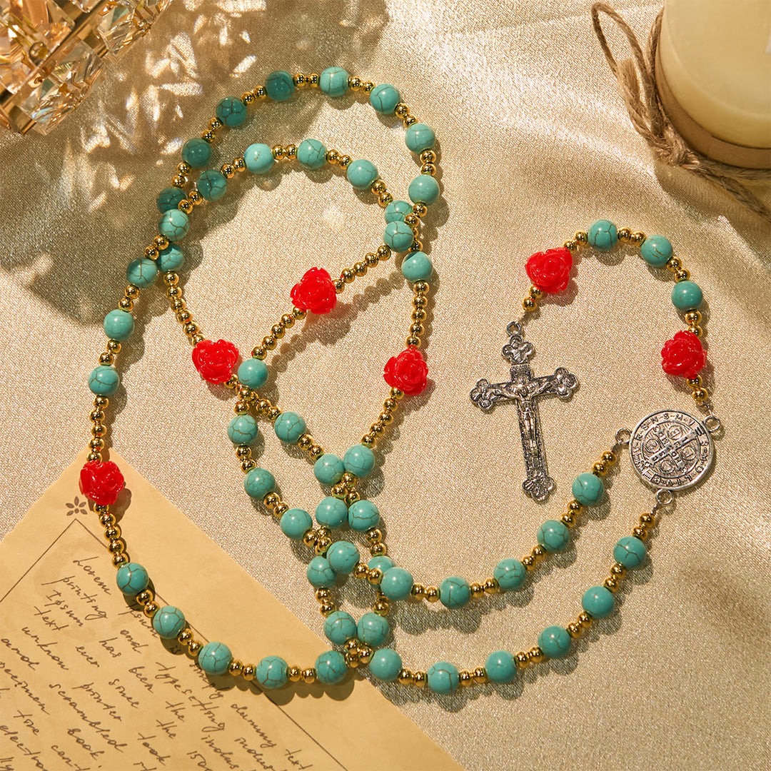 Christianartworkshop Chapelet élégant en roses rouges et bleues avec perles turquoise : béni par Notre-Dame et saint Benoît - Rose rouge - image 0