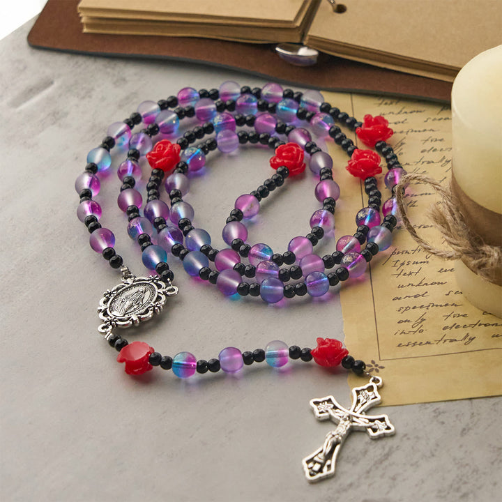 Christianartworkshop Chapelet mystique en perles violettes et bleues givrées, orné de roses rouges et d'une médaille miraculeuse bénie - image 3