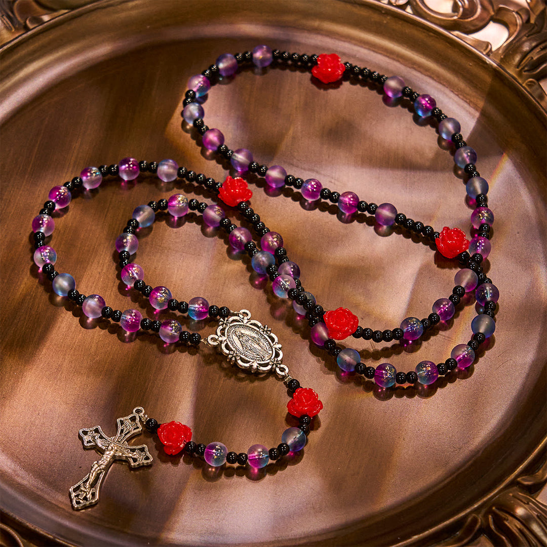 Christianartworkshop Chapelet mystique en perles violettes et bleues givrées, orné de roses rouges et d'une médaille miraculeuse bénie - image 6