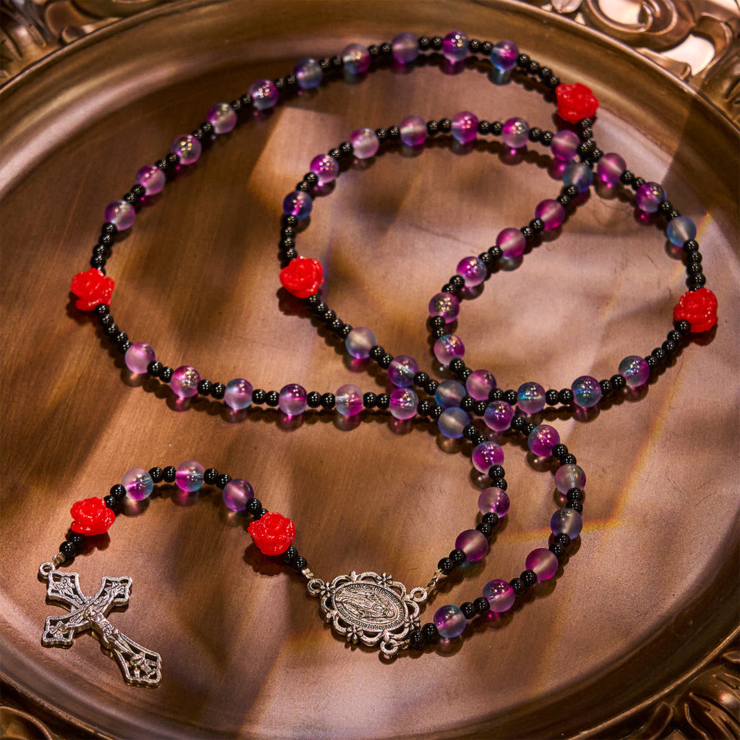Christianartworkshop Chapelet mystique en perles violettes et bleues givrées, orné de roses rouges et d'une médaille miraculeuse bénie - image 5