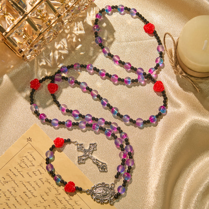 Christianartworkshop Chapelet mystique en perles violettes et bleues givrées, orné de roses rouges et d'une médaille miraculeuse bénie - Violet - image 0