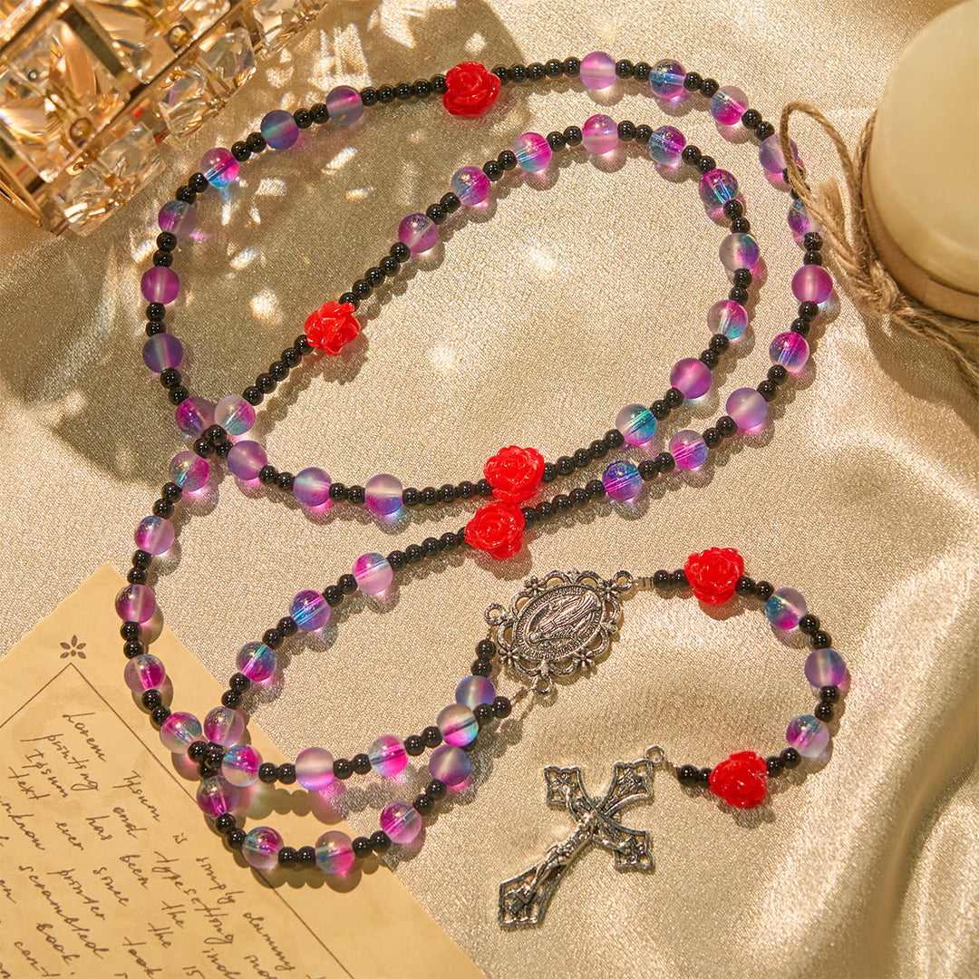 Christianartworkshop Chapelet mystique en perles violettes et bleues givrées, orné de roses rouges et d'une médaille miraculeuse bénie - image 2