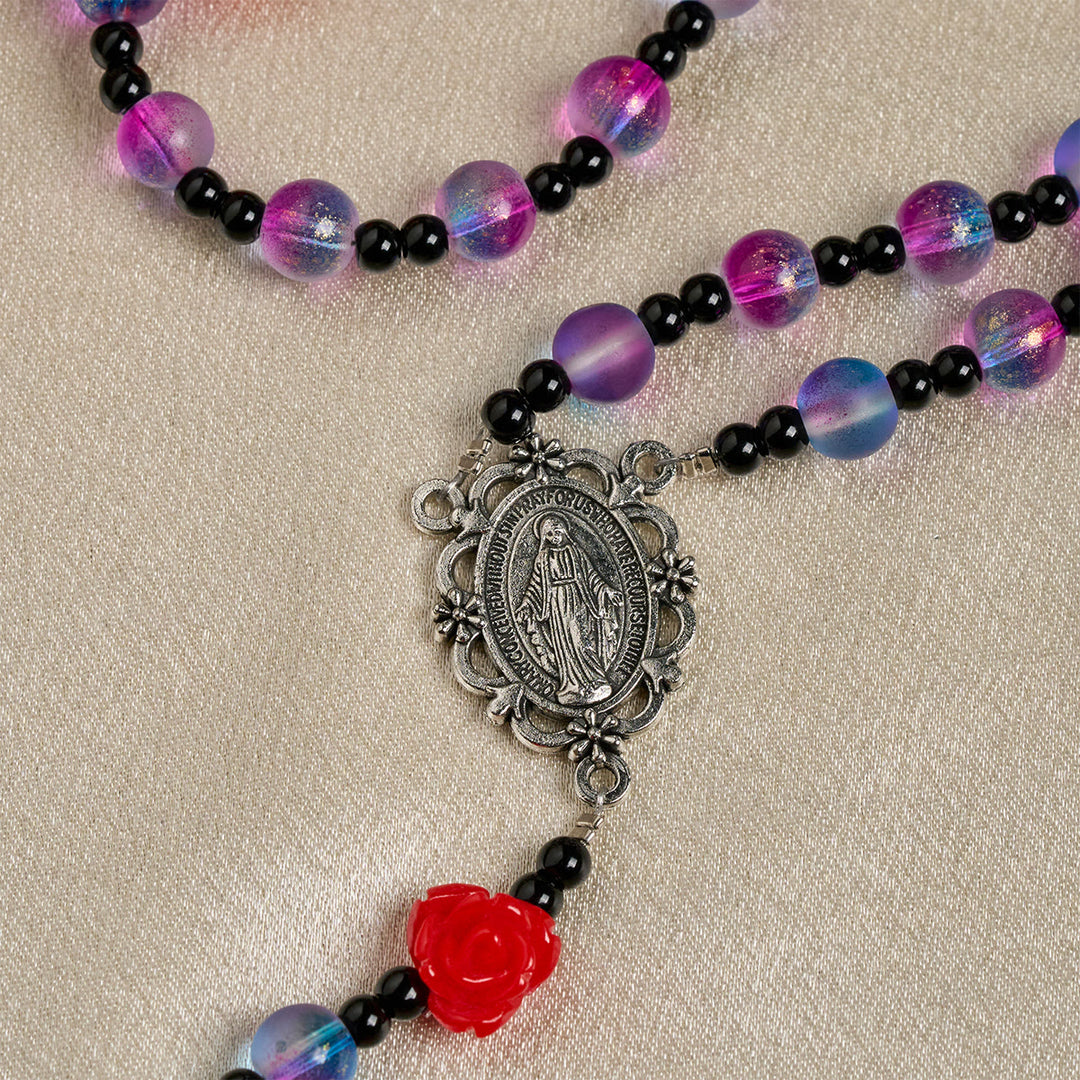 Christianartworkshop Chapelet mystique en perles violettes et bleues givrées, orné de roses rouges et d'une médaille miraculeuse bénie - image 7